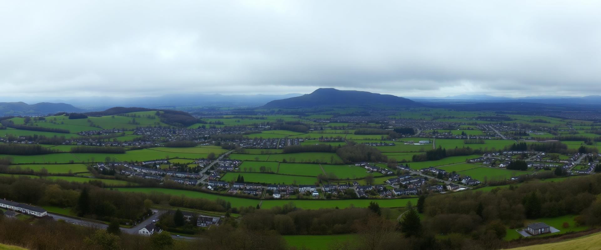 Panoramic view of Ayrshire countryside with green rolling hills and residential areas