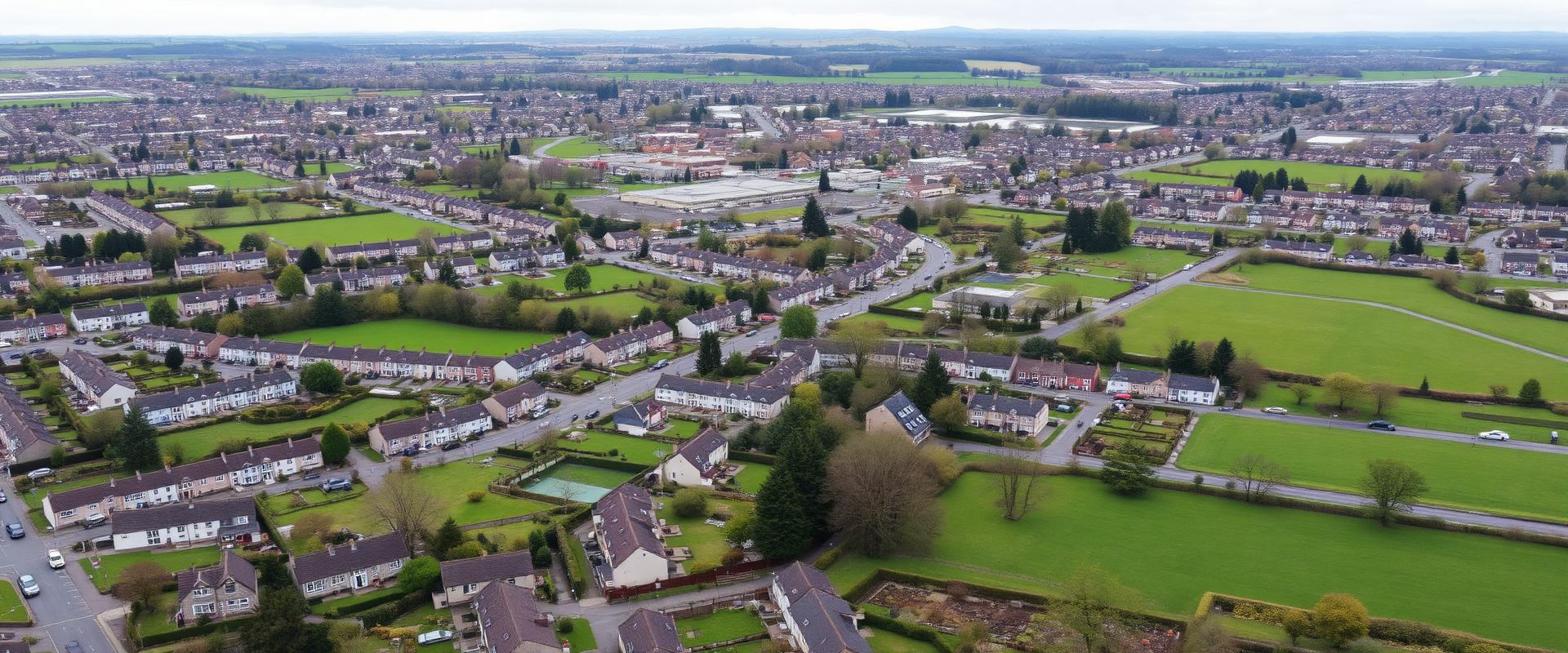 Aerial view of Irvine town in Ayrshire showing residential streets and gardens
