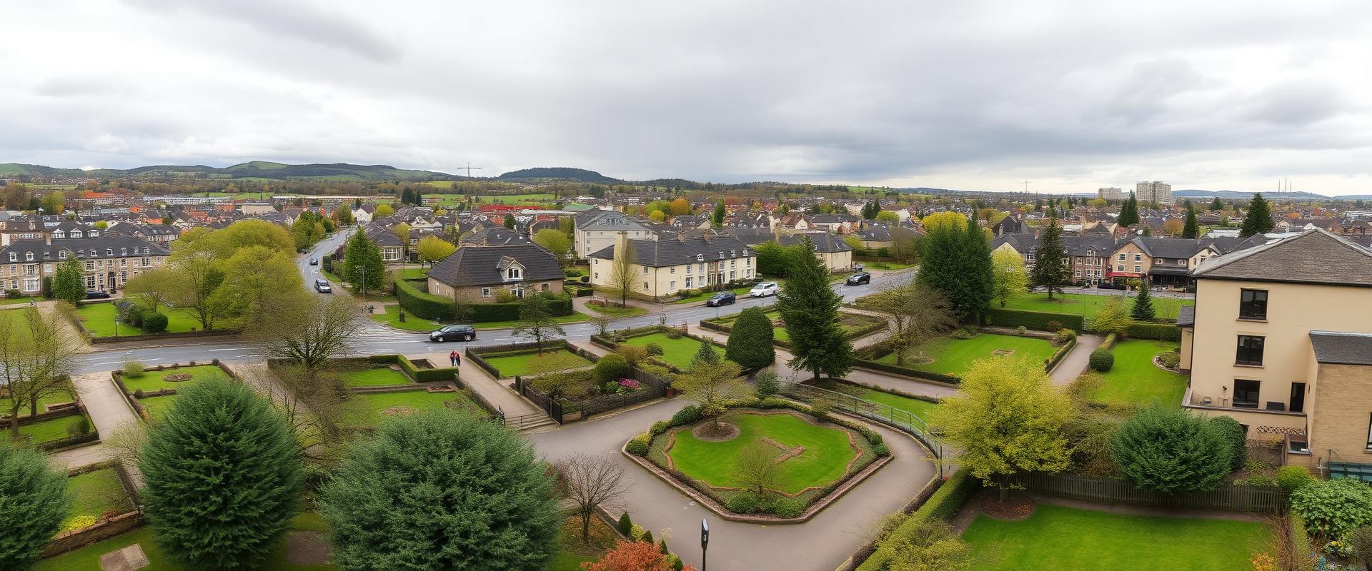 Kilmarnock town in East Ayrshire with residential streets, gardens and green spaces