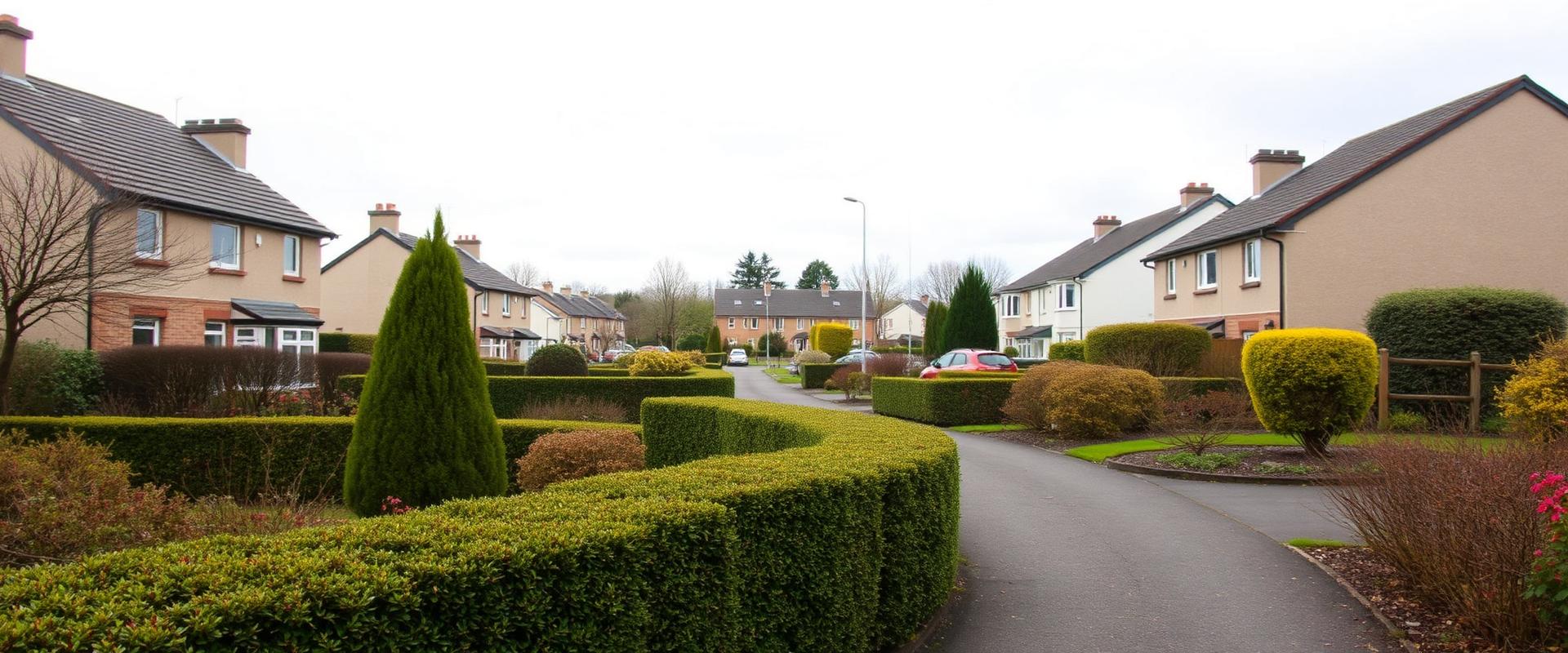 Kilwinning residential area with well-maintained gardens and hedges in Ayrshire