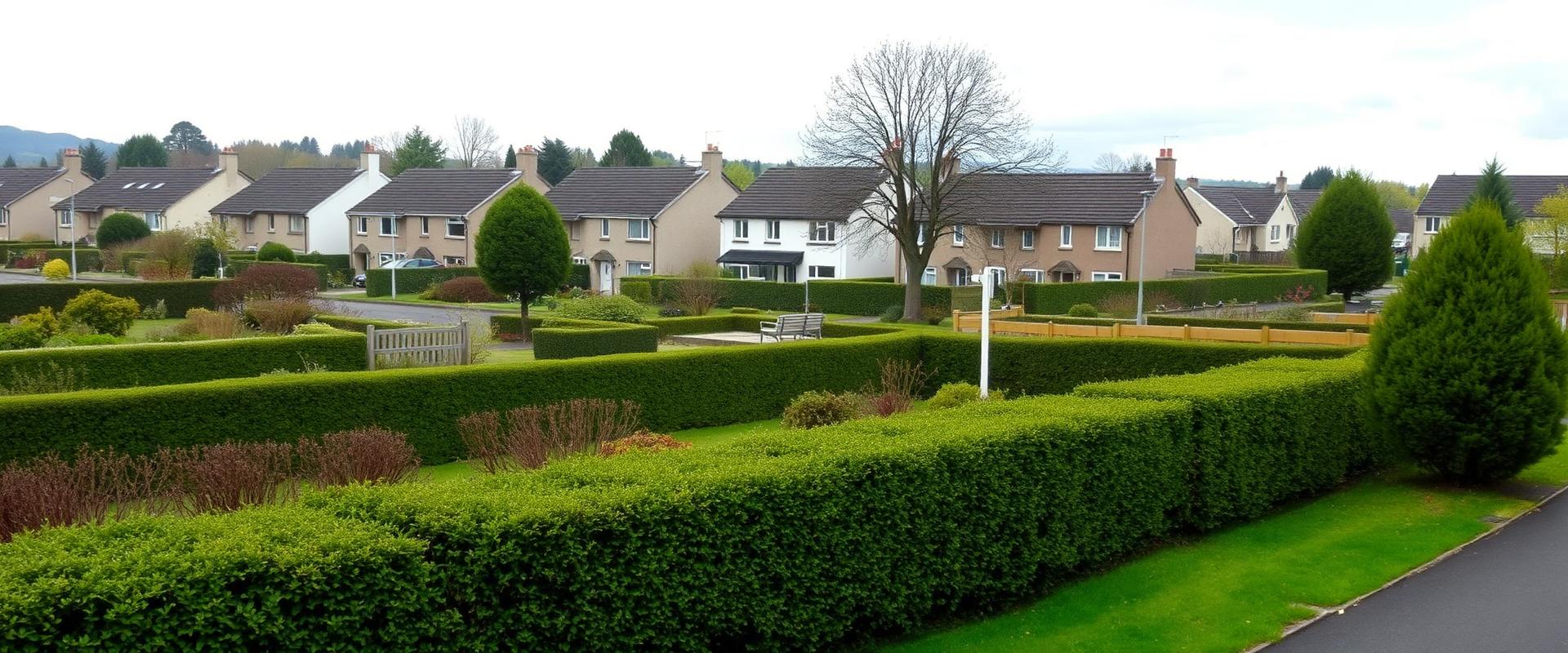 Stevenson residential area with front gardens and hedges in Ayrshire