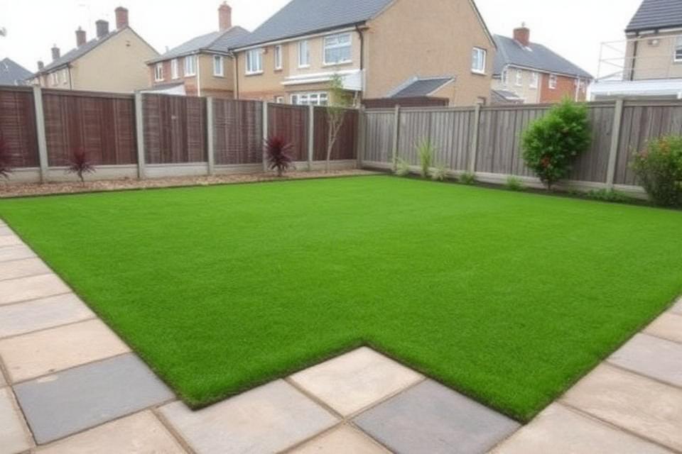 Artificial grass lawn installed in a residential Ayrshire garden with paving stone border