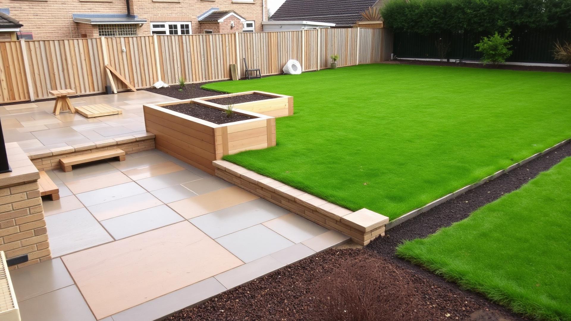Professional landscaping project with stone patio and raised beds in an Ayrshire garden