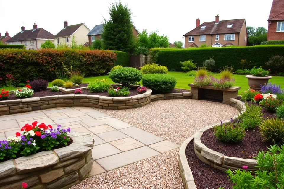 Beautifully landscaped small garden with stone patio raised beds and decorative planting in Ayrshire