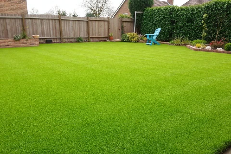 Lush green lawn in a residential Scottish garden with neat edges and garden fence