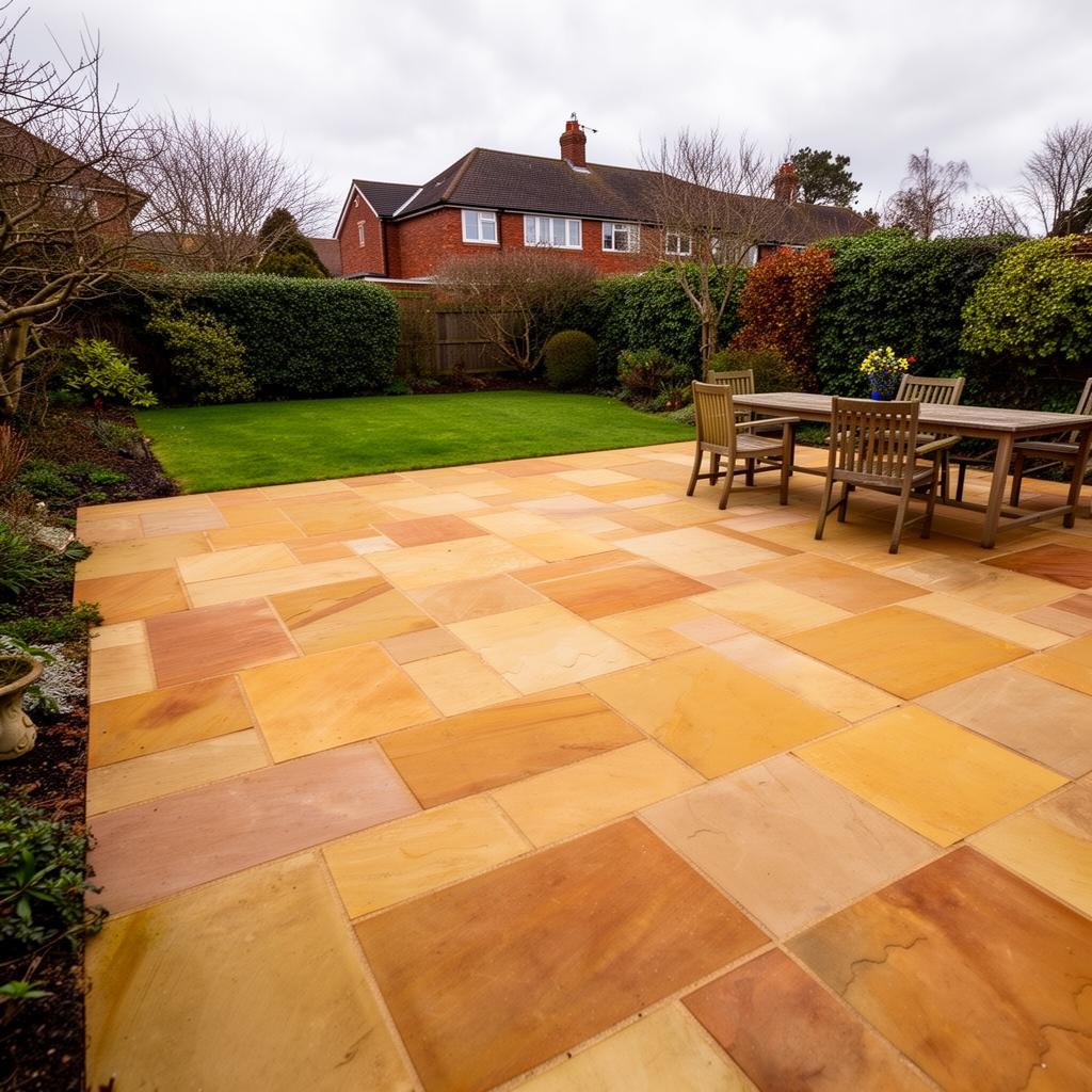 Professional patio cleaning on natural stone slabs at an Ayrshire home
