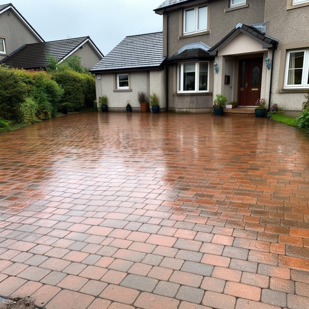 Before and after pressure washing a block paving driveway at an Ayrshire residential property