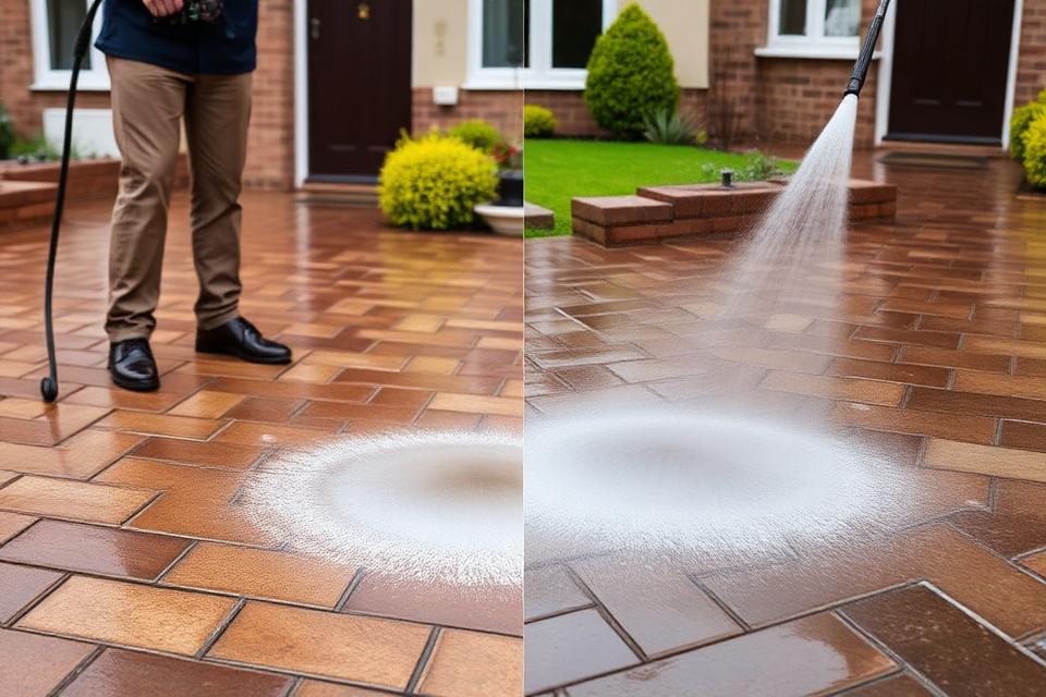 Pressure washing a block paving driveway showing clean vs dirty surface contrast