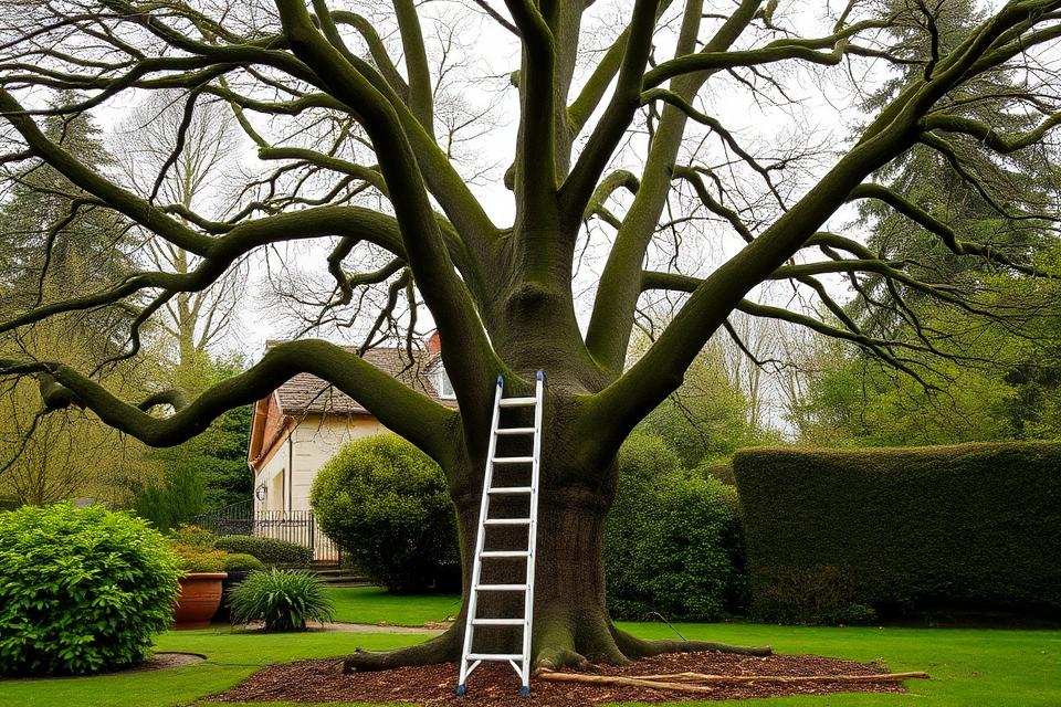 Mature tree with pruning ladder in a Scottish garden setting ready for crown reduction