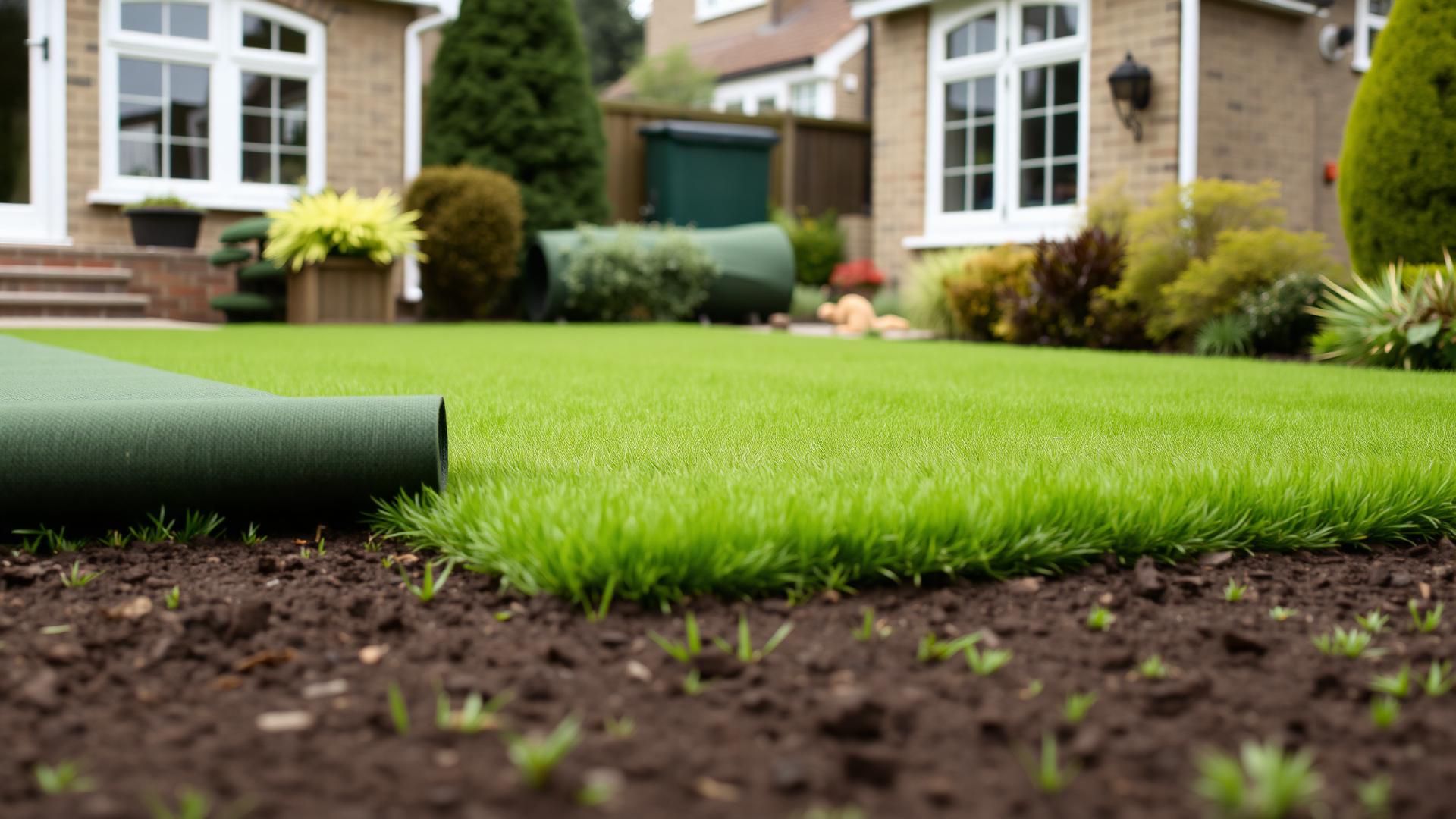 Fresh turf being professionally laid on prepared soil at a residential property in Ayrshire